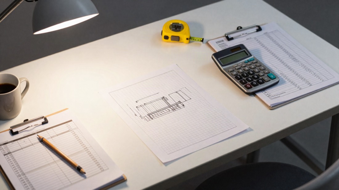 An estimator's desk: printed lookup tables on clipboards, a calculator, a tape measure and a pencil sketch on graph paper.